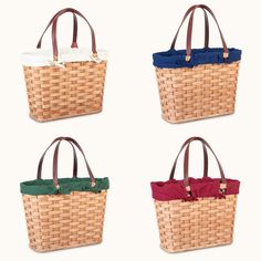 four different colored bags with handles on each side and one in the middle, all made out of wicker