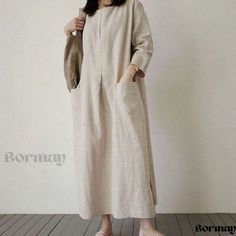 Cotton Linen Long Loose Fit Dress with Stylish Large Pockets - Casual Dress Linen Casual Dress, Simple Kurta, Loose Fit Dress, Cotton Linen Dresses, Linen Casual, Loose Fitting Dresses, Round Neck Dresses, Khaki Dress, Patchwork Dress