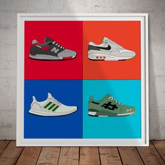 Level up your sneaker game with this exclusive Sneaker Print! Featuring an illustration of four iconic shoe brands - Nike, Adidas, Asics and New Balance. This printable art is a must-have for any sneakerhead. Good sneakers are essential to finding balance in life and this stunning design is essential to achieving balance in your wall decor.  This original illustration comes as a huge 7500px x 7500px downloadable file. Printable up to 63cm x 63cm (25in x 25in).  As a digital download, you can pri Minimalist Hypebeast, Good Sneakers, Sneakerhead Gifts, Hypebeast Sneakers, Poster Square, Adidas Art, Shoe Poster, Sneaker Posters, Sneaker Art