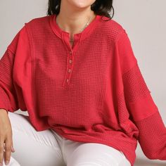 New With Tags This Umgee Red Henley Waffle Knit Tunic Is Truly Your New Go-To Top! Relax In Ultimate Comfort While Looking Chic But Casual In Holiday Red And Contrasting Details. Perfect For Any Occasion When You Want To Look Like You Tried Without Trying Too Hard! Details Available In Sizes Xl-2xl Color: Red Henley With Button Detail Long Sleeves With Contrast Detail Waffle Knit Tunic Sizing Sizes: Xl: 14/16, 1xl: 16/18, 2xl: 18/20 &Nbsp;Fabric Fabric: 97% Polyester. 3% Spandex Fit True To Size Red Sweater For Spring Loungewear, Red Textured Knit Sweater For Layering, Solid Waffle Knit Tops, Red Long Sleeve Knit Top For Spring, Red Long Sleeve Casual Knit Top, Red Ribbed Long Sleeve Tops, Red Ribbed Sweater For Spring, Casual Textured Winter Top, Casual Red Long Sleeve Knit Top