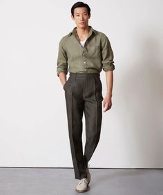 Italian Linen Side Tab Trouser in Olive Herringbone Trousers Outfit Casual, Sweatshorts Shorts, Polo Coat, Mens Tailor, Closet Needs, Wedding Week, Cashmere Hoodie, The Bill, Sneaker Dress Shoes