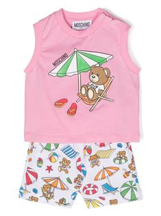 pink/multicolour cotton Top: ribbed trim teddy bear print logo print to the front crew neck press-stud fastening at the shoulder sleeveless straight hemShorts: all-over teddy bear print elasticated waistband two rounded pockets to the sides straight leg set of two Kids Teddy Bear, Teddy Bear Print, Moschino Kids, Bear Print, Cotton Top, Shorts Set, Print Logo, Cotton Tops, Cotton Shorts