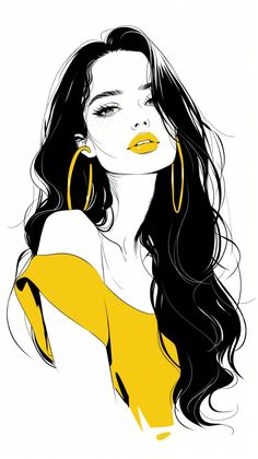 a drawing of a woman with long black hair and yellow lipstick on her face, wearing large gold hoop earrings