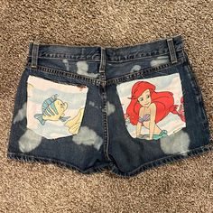 Handmade Vintage Little Mermaid Acid Wash Jean Shorts Size 6 Smoke Free Home Never Worn Cute Fitted Jeans For Summer, Cute Denim Blue Denim Bottoms, Cute Denim Blue Bottoms, Cute Medium Wash Bottoms With Pockets, Cute High Waist Denim Bottoms, Cute Medium Wash Cotton Bottoms, Cute Blue Shorts With Pockets, Cute Jean Shorts With Pockets, Cute Dark Wash Cotton Bottoms