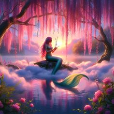 a painting of a mermaid sitting on top of a rock in the water surrounded by pink flowers