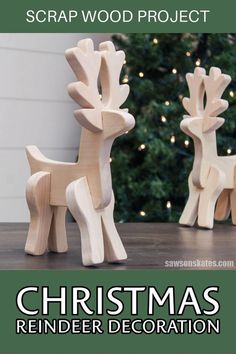 Two handmade wooden reindeer on a table in the foreground with a Christmas tree in the background Diy Yard Decorations For Christmas, Wooden Reindeer Pattern, Easy Scroll Saw Projects, Wood Reindeer Diy, Holiday Woodworking Projects, Christmas Nativity Scene Diy, Scrap Wood Project, Wooden Christmas Decor, Diy Reindeer