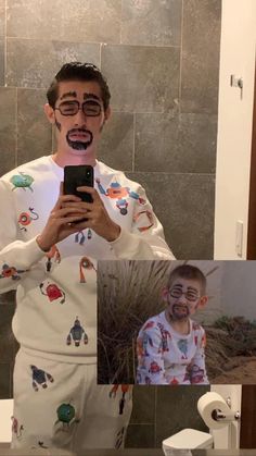 a man with face paint taking a selfie in front of a mirror and another photo