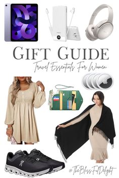 the gift guide for women includes headphones, an ipod and other items to wear