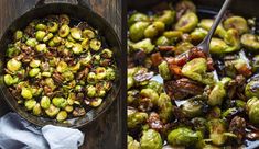 brussel sprouts in a skillet with a spoon next to them