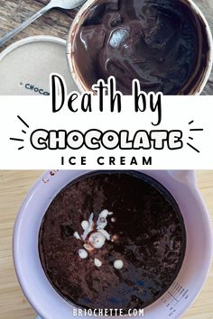 chocolate ice cream in a white bowl on top of a wooden table with spoons