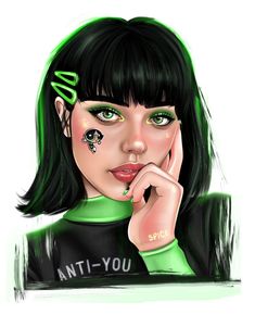 a digital painting of a woman with green hair and black eyeliners holding her hand to her face