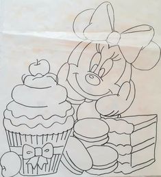 a drawing of a mickey mouse with cupcakes and an apple on the table