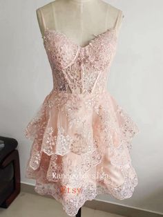 Blush Lace Wedding Receiption Dress Homecoming Dress HOCO - Etsy Fitted Lace Homecoming Dress, Fitted Bodice Banquet Dress With Ruffles, Fitted Bodice Dress With Ruffles For Banquet, Banquet Dress With Ruffles And Fitted Bodice, Pink Mini Lace Dress For Wedding, Pink Mini Length Lace Dress For Wedding, Lace Knee-length Homecoming Dress, Banquet Mini Dress With Fitted Bodice, Banquet Dress With Fitted Bodice And Mini Length