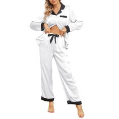 PRICES MAY VARY. ❤Luxurious Fabric: The women's silk pajama set is crafted from silky, wrinkle-resistant fabric. This long-sleeved sleepwear is lightweight and breathable, with excellent color fastness. Its high gloss adds an elegant element, suitable for all seasons. ❤Elegant Collar and Stylish Contrasting Accents: The top boasts a classic collar design and meticulous neckline construction, complemented by appropriately sized decorative chest pockets for carrying small items. The contrasting ac Long Sleeve Pjs, Pjs Set, Satin Pj Set, Satin Pajama Set, Silk Pajamas Women, Pajamas For Women, Silk Pajama, Satin Pajama, Silk Pajama Set