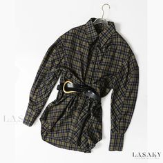 Lasaky - Vintage Loose Fit Checkered Shirt Dress with Waist Belt - Classic and Stylish Dress With Waist Belt, Plaid Dress Vintage, Seasons Autumn, Basic Skirt, Look Retro, Blue Checkered, Bubble Sleeve, Belted Shirt Dress, Checkered Shirt