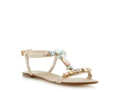 DUNE LADIES KHLOE - Jewel Embellished T-Bar Flat Sandal - blonde | Dune Shoes Online Beige Sandals, Leather Strap Sandals, Dressy Sandals, Jeweled Sandals, Embellished Sandals, T Strap Sandals, Dress Sandals