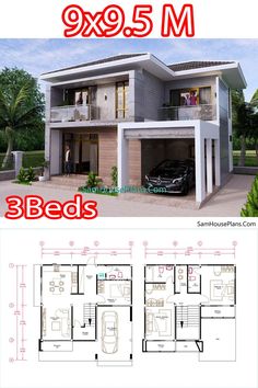 two story house plan with 3 beds and garage