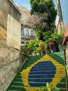 stairs painted in the colors of the flag of brazil with potted plants on either side