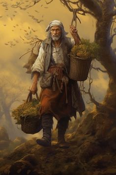 a painting of an old man carrying two baskets in his hand while walking through the woods