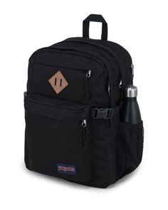 JanSport Main Campus Backpack Casual Black Luggage For Daily Use, Black Casual Luggage For Daily Use, Casual Black Luggage With Adjustable Strap, Casual Black Rectangular Luggage, Back To School Black Backpack With Water Bottle Pocket, Black Backpack With Water Bottle Pocket For School, Casual School Backpack With Water Bottle Pocket, Back To School Outdoor Black Backpack, Black Functional School Luggage