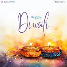 happy diwali greeting card with two candles on colorful watercolor background for festival