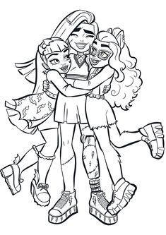 two cartoon girls hugging each other with their arms around one another, and the girl is holding