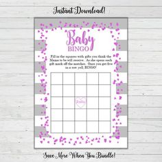 a baby shower game with hearts on it and the word baby bingo written in pink