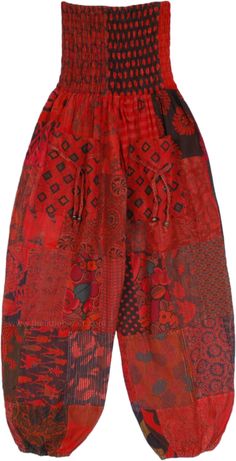 These harem pants have an overall loose fit, they are comfortable yet snug because of the smocked waist area.  The pants have beautiful ornate patterns in shades of red, hence they look bohemian and feel extremely comfortable. #tlb #SplitSkirtsPants #Patchwork #Pocket #vacationclothing #bohemianfashion #Patchworkharemcottonpants #redharempants Red Baggy Harem Pants With Pockets, Baggy Red Harem Pants With Pockets, Bohemian Red Harem Bottoms, Red Bohemian Harem Bottoms, Red Festival Pants With Elastic Waistband, Red Loosely Fitted Cotton Harem Pants, Red Harem Bottoms For Festival, Red Cotton Baggy Harem Pants, Red Baggy Cotton Harem Pants