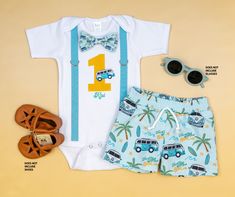 Listing includes: - short sleeve bodysuit, with carribbean blue suspenders and light orange number 1 - snap-on Big One bowtie - personalized with beach van and name (groovy font, aqua) Optionally, you can add handmade Big One board shorts  Does NOT include shoes, sunglasses, or other photo props.   Sizing See size chart in listing. If you would like a different combination or need smaller or bigger sizes, please send us a message for a custom listing.  ** Details ** We start with a plain, white Blue Sets For First Birthday In Summer, Blue Summer Sets For First Birthday, Playful Bottoms For First Birthday In Summer, Playful Summer Bottoms For First Birthday, Fun First Birthday Sets For Summer, Fun First Birthday Summer Sets, Fun Summer First Birthday Set, Fun Summer Sets For First Birthday, Big One Cake