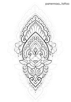 a black and white drawing of an ornate design with flowers on the bottom half of it