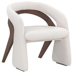 an upholstered chair with wood and white fabric