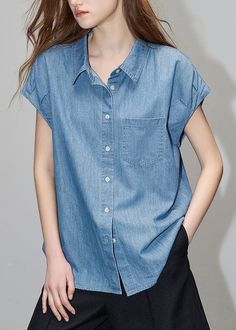 Loose Blue Peter Pan Collar Button Denim Shirt Short SleeveFabric: Cotton BlendedSize & Fit: Fit: This garment fits true to size.Length: Size L measures 24.18"from shoulder to hemBust: Great for any cup size. Waist: Loose Fit. Comfortable room throughout midsection.Hip: Loose Fit - room for hips. Hand Wash Cold. Casual Denim Blue Blouse With Buttons, Spring Denim Blue Blouse With Pockets, Summer Collared Denim Blouse, Summer Denim Collared Blouse, Summer Denim Button-up Blouse, Light Blue Denim Top With Button Closure, Casual Chambray Button-up Blouse, Summer Collared Denim Blue Blouse, Casual Denim Blouse With Pockets