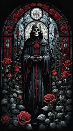 a gothic stained glass window with roses and a skeleton holding a cross in front of it