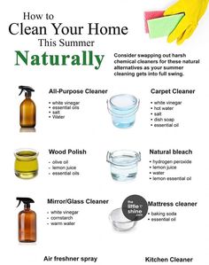 a poster describing how to clean your home this summer naturally with all purpose cleaner, wood polisher, and more