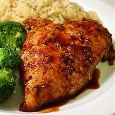 chicken, broccoli and rice on a white plate