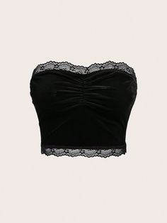 Women's Knitted Lace Strapless Crop Top Black Casual  Sleeveless Knitted Fabric Plain  Medium Stretch  Women Clothing, size features are:Bust: ,Length: ,Sleeve Length: Nana Clothes, Lace Black Top, Black Strapless Top, Lace Knit Top, Black Lace Crop Top, Knitted Lace, Shein Icon, Strapless Crop Top, Lace Bandeau