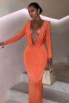 @Rezou - Different colors of dresses❤️🤍💛🧡🖤💙💗💜🛒🛍 - Benable Dress With Cleavage, Diva Outfit, Wrapped Skirt, Orange Maxi Dress, Janet Guzman, Split Maxi Dress, Deep Down, Black And Orange, Crop Top Blouse