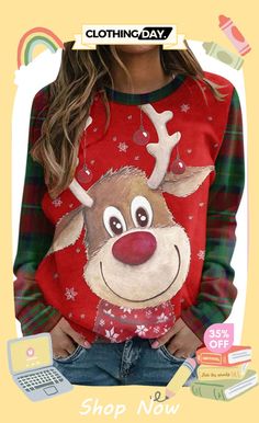 Fun Printed Sleeves Round Neck Pullover Long Sleeve Sweatshirt Casual Fall Holiday Tops, Casual Long Sleeve Holiday Tops, Casual Christmas Long Sleeve Tops, Holiday Crew Neck Tops For Fall, Long Sleeve Graphic Print Top For Holiday, Graphic Print Long Sleeve Tops For Holiday, Casual Long Sleeve Holiday Sweater, Casual Holiday Sweatshirt For Fall, Casual Red Sweatshirt For Holidays