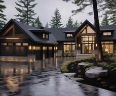 this is an artist's rendering of a modern house in the woods at night