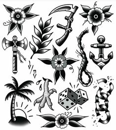 an assortment of tattoo designs including flowers, anchor, roses and other things on white paper