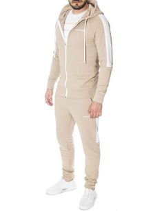 Madison Zip Up Tracksuit Full Set with Contrast Bands, Beige Zipper Hoodie, Full Set, Raglan Sleeve, Zip Ups