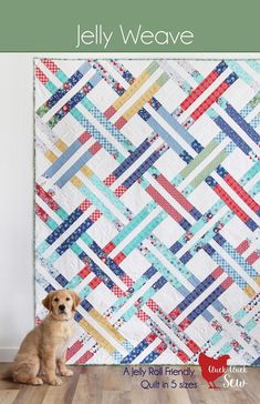 a dog sitting on the floor next to a quilted wall hanging in front of it