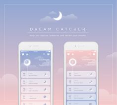 two iphone screens with the caption'dream catcher'on them and an image of a crescent moon in the sky