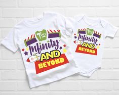 two white onesuits with the words mommy and beyond printed on them against a brick wall