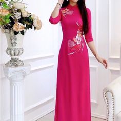 Vietnamese Ao Dai Traditional With Sharp 3d Printed Motifs On Silk Fabric , Slim And Lightweight Design Enhances The Female Figure, High Quality Silk Material . Includes Pants . Fitted Pink Ao Dai For Spring, Traditional Fitted Silk Ao Dai, Traditional Floor-length Ao Dai For Evening, Elegant Full-length Ao Dai For Summer, Luxury Fitted Floor-length Ao Dai, Hatch Maternity, Vietnamese Ao Dai, Red Fitted Full-length Ao Dai, Vietnamese Traditional Dress