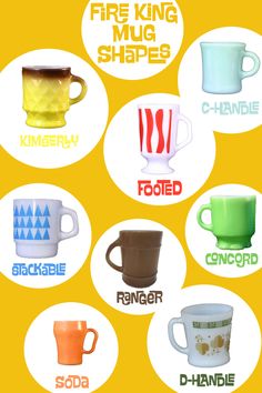 there are many different types of mugs on this yellow background with the words fire king and shape