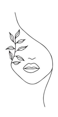 a line drawing of a woman's face with leaves on it