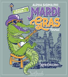 the poster for mardi gras at new orleans's bourbon street festival, featuring an alligator playing guitar