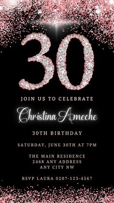 an elegant 30th birthday party with pink and silver glitters on the black background, it is