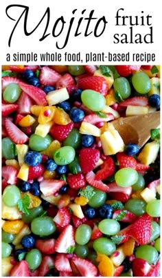 a close up of fruit salad on a white plate with the title text above it